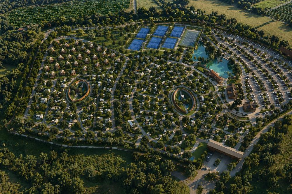 Vista dall'alto del masterplan di Florence All Seasons con piazzole, piscina e campi sportivi