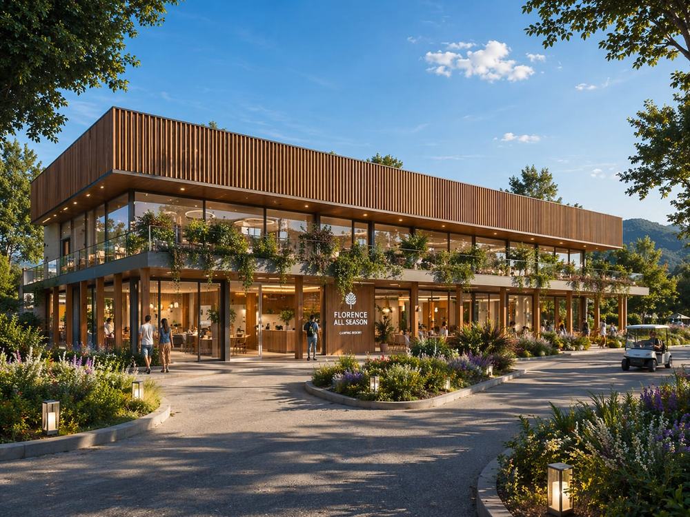 Edificio reception di Florence All Seasons, architettura in legno su due piani immersa nel verde