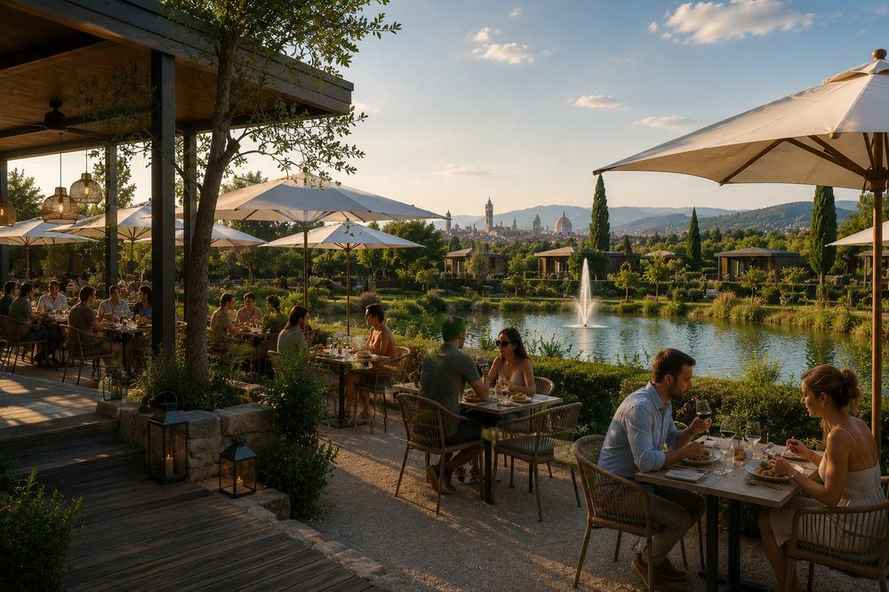 Terrazza del ristorante all'aperto con ospiti a cena, vista sul lago e sullo skyline di Firenze al tramonto